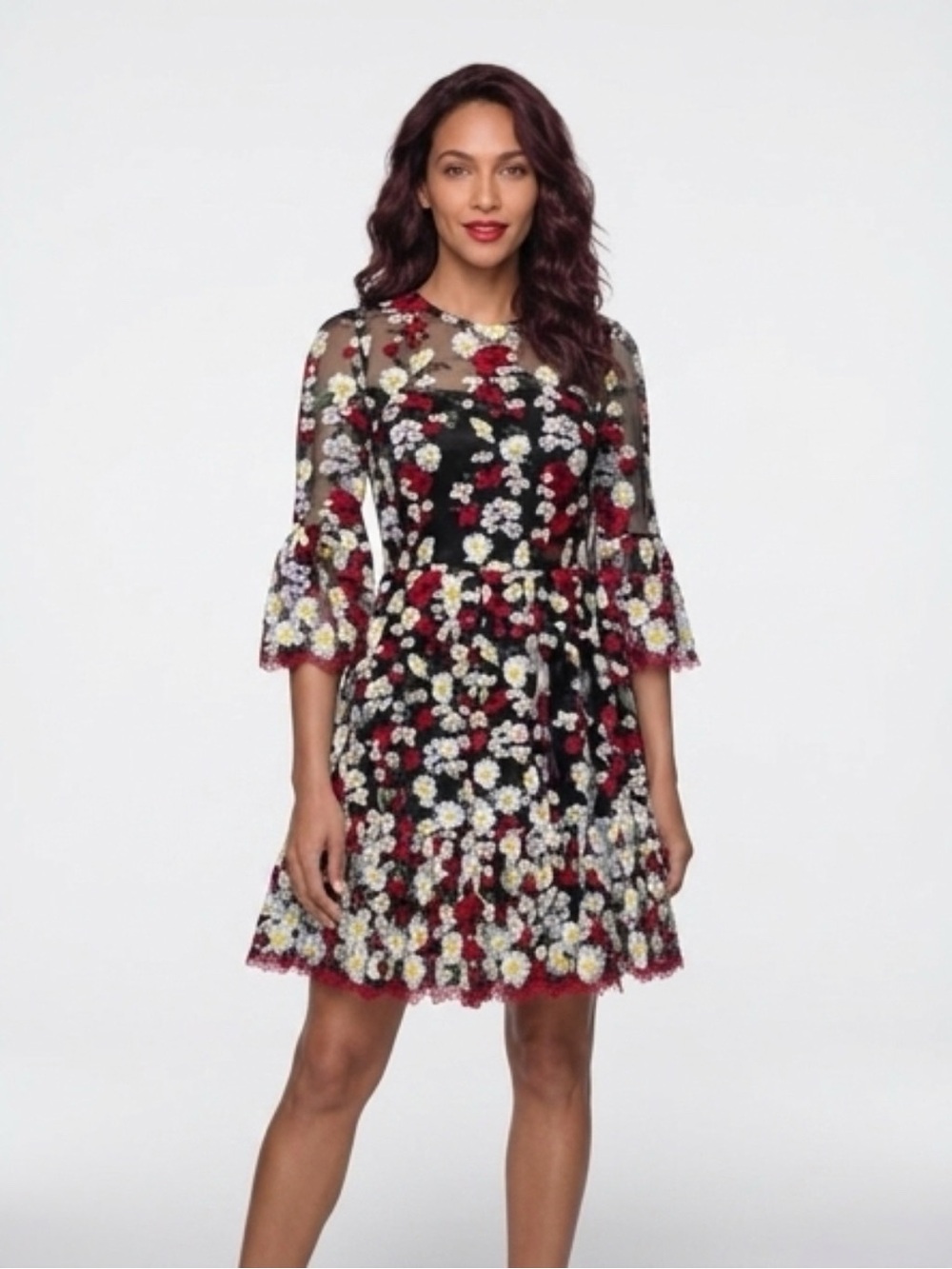 NWOT Dolce  & Gabbana Black Mini Dress with Red and White Floral Embroidery
